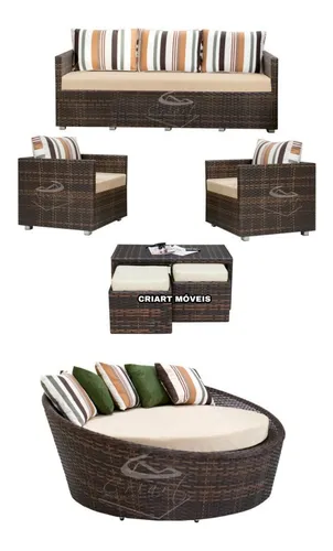 comprar Jogo Sofás 5 L, Mesa C\u002F 2 Puffs, + Chaise, Vime Área Externa