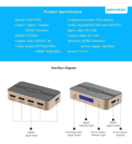 Selector Universal Hdmi Switch 5 A 1 4k Full Hd 3d