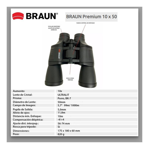 Imagen 3 de 6 de Binocular Prismatico Braun 10x50 Lente Blue Nuevo 2019 Lelab