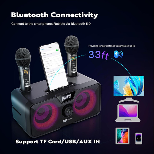 Máquina De Karaoke Altavoz Bluetooth Portátil Con 2 Micrófon
