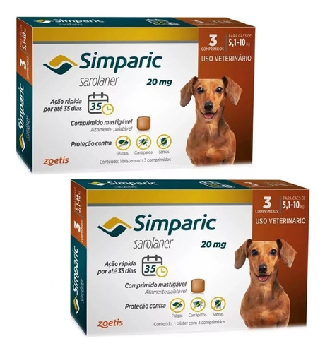 Kit 2 Simparic 20mg Antipulgas Cão 5,1 A 10kg 03 Unid Zoetis Marrom-claro