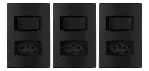 Kit 3 Interruptor Simples Com Tomada 10a Lissê Black Apoio