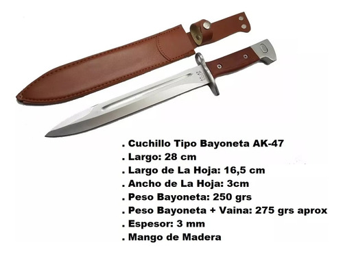 Cuchillo Bayoneta Ak-47 - 28cm - Con Vaina Reforzada Madera