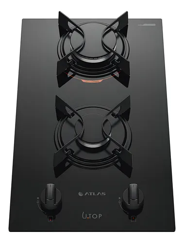 Cooktop 2 Bocas A Gás Preto Com Mesa De Vidro Atlas U Top