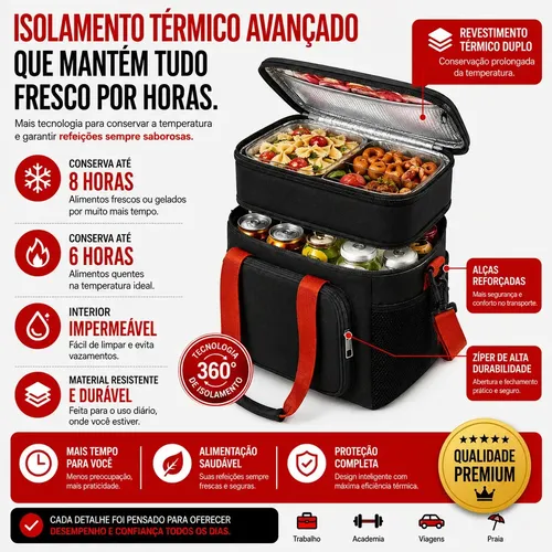 Bolsa Térmica Marmita Lancheira Alça Transversal Ajustável Removível Alça de mão reforçada 2 Compartimentos Organiza Conserva Seus Alimentos Quente ou Frio Cor Preto Tche Amo: imagem 3