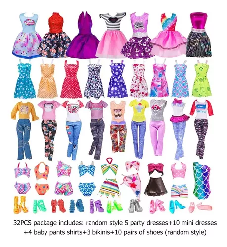 Kit 32 Peças com Roupas e Acessórios para Bonecas Barbie em