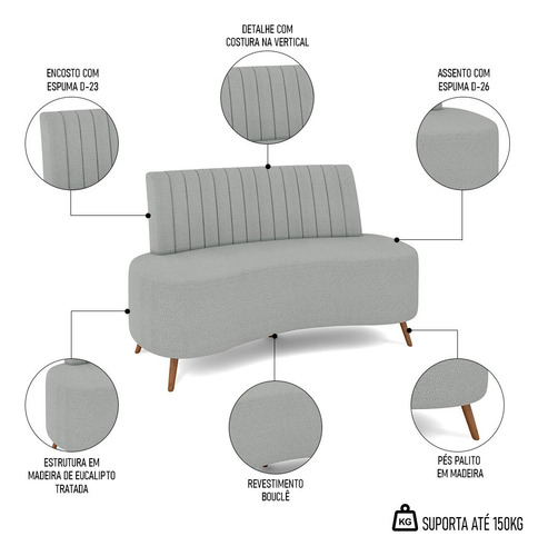 Sofá 2 Lugares Living 135cm Pés Palito Tamar Bouclê Cinza