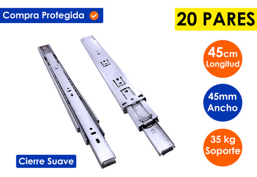 Corredera Extensión Cierre Suave 45mm X 45 Cm (20 Pares) Gris