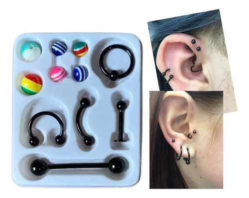 Conjunto Piercing Preto Língua Nariz Sobrancelha