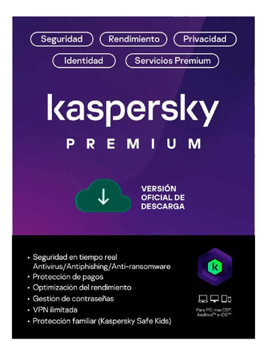 Antivirus Kaspersky Premium 3 Dispositivos 1 Año