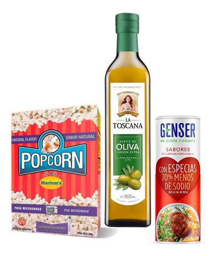 Pack Aceite Oliva La Toscana, Popcorn Marlom´s, Sal Genser