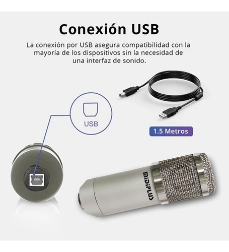 Imagen 5 de 10 de Kit Micrófono Condenser Usb Midiplus Usb800 Gris