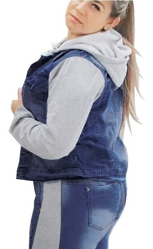 Imagem 2 de 2 de Jaqueta Jeans Moletom Azul Plus Size Feminina Capuz Blusa