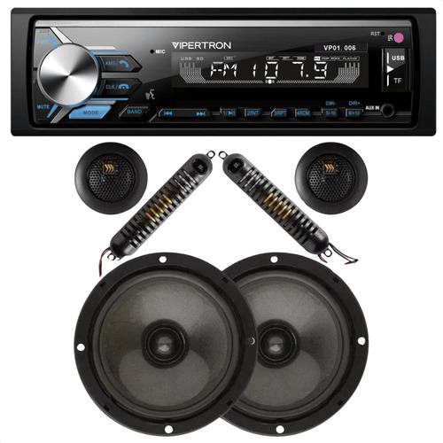 Kit Duas Vias 6 Polegadas Bravox 130w Rms Cs60bk Crossover E Tweeter + Radio Vipertron Som Automotivo Tnt Full