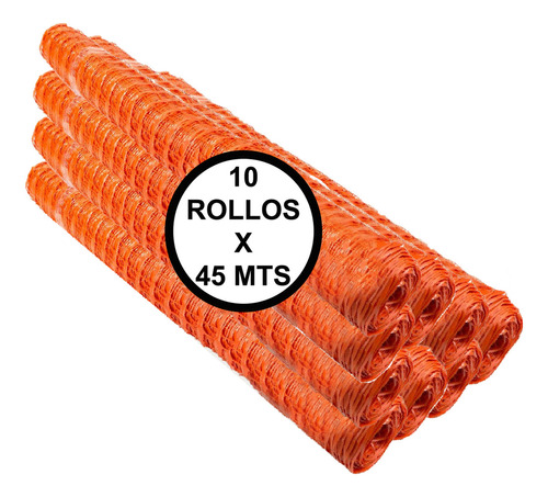 Malla Seguridad Naranja - Pack 10 Rollos De 45 Mts Largo X 1 Mts Alto - Ideal Obras, Jardines Y Mas