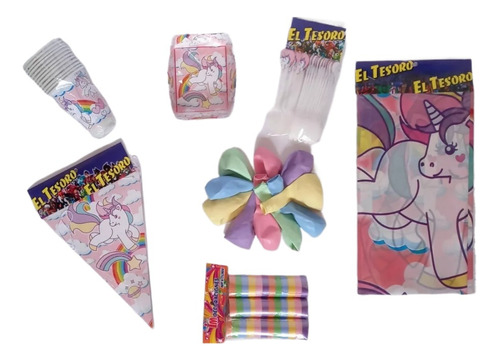 Kit Decoración 12 Niños Bombas Unicornio Vasos+mantel+feston