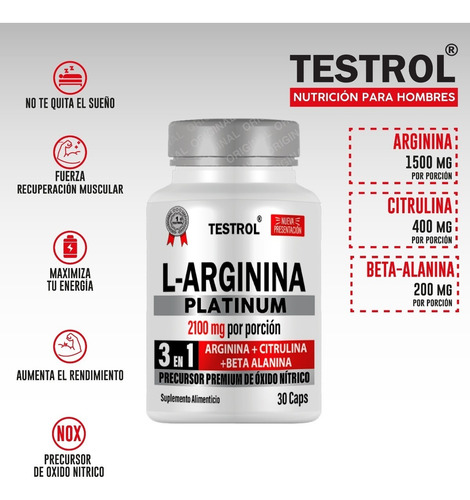 Imagen 3 de 5 de L-arginina Platinum 2100mg Testrol 3 In 1- 30 Cápsulas
