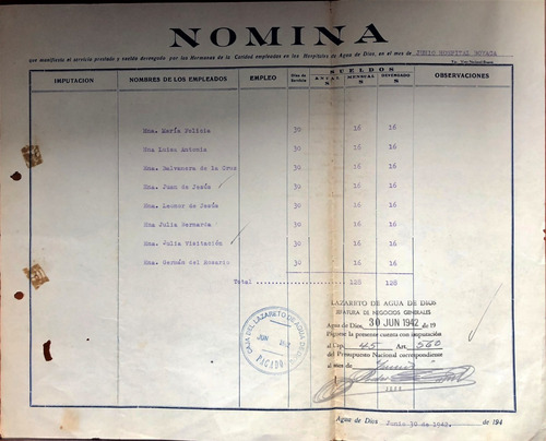 Lazareto De Agua De Dios Antiguos Formatos De Nómina 1942