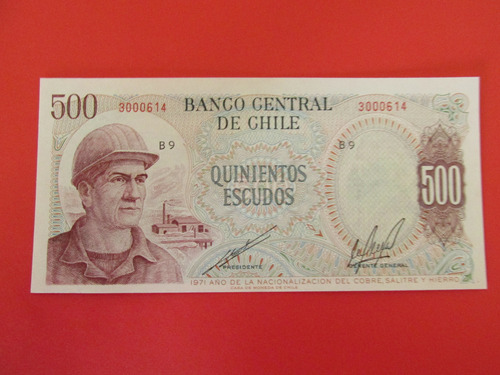 Billete Chile 500 Escudos Firmado Cano-molina Unc 1971 