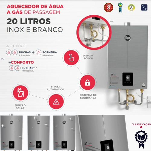 Aquecedor A Gás Rheem 20 Litros Cor Inox Digital Glp Inox Glp