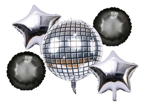 Kit de globos con espejo para el año de coraternización, globo plateado de color superior, 2 estrellas plateadas y 2 globos negros redondos