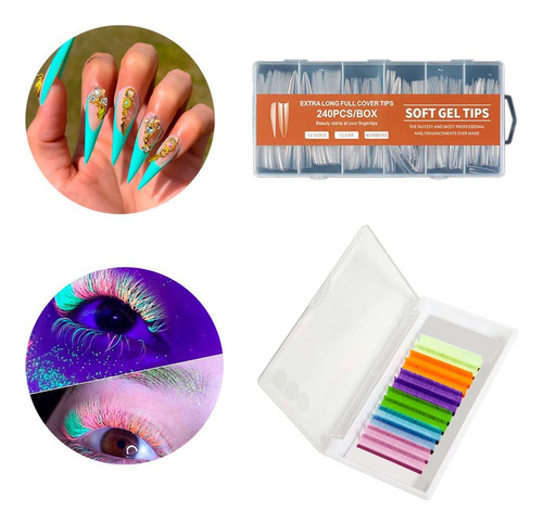 Set Uñas Postizas 240 Pcs + Pestañas Flúo 6 Pares Belleza