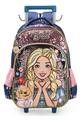 Mochila Infantil Barbie Paetê Pet Cachorrinho Rodinhas Tam G