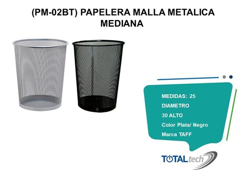 Papelera De Malla Metálica Mediana Color Negro Y Plata Taf