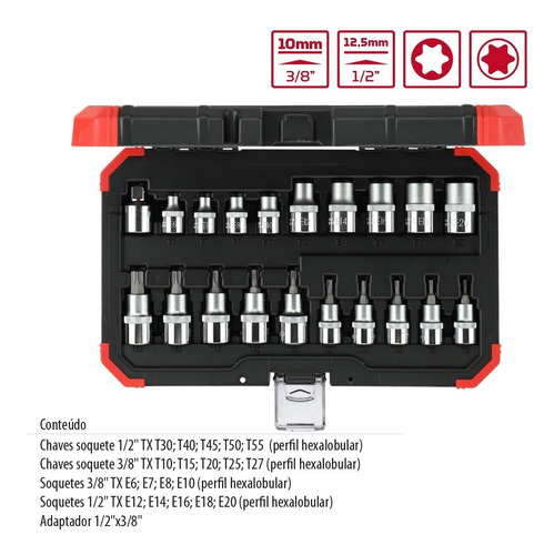 Imagem 3 de 3 de Jogo Soquetes Torx T10 A T55 E E6 A E20 Gedore Red 20 Peças