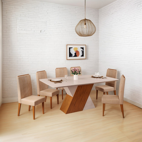 Comedor Rubi Lia Vekka 6s Moderno Rectangular Color Beige Diseño de la tela de las sillas Liso