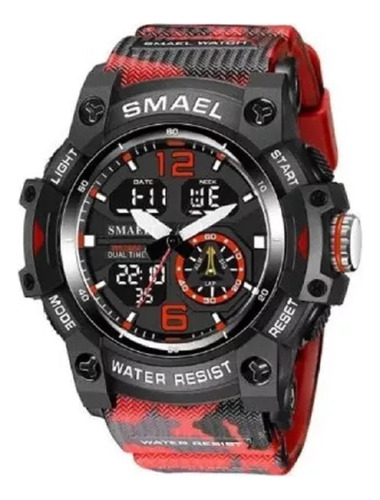 Relógio Masculino Esportivo Militar Smael 8007 Correia Camuflado Vermelho Bisel Preto/branco Fundo Preta