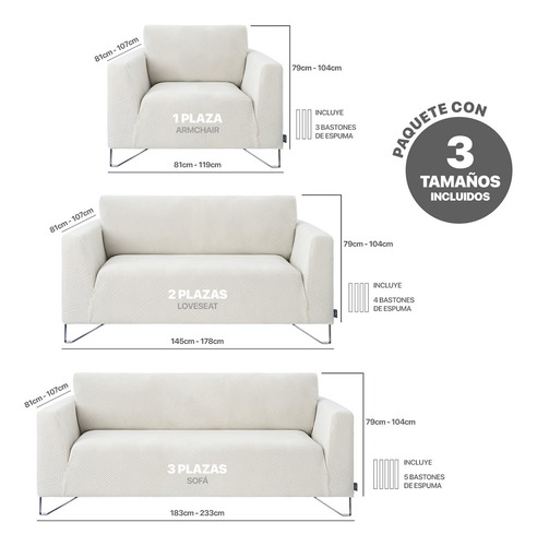 Protector Cubre Sala Elástico Ajustable 3 Piezas Real Textil Marfil Lisa