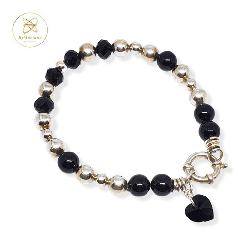 Imagen 3 de 5 de Pulsera Plata Cristal Swa Negro Y Bolitas De Onix X 20 Cm
