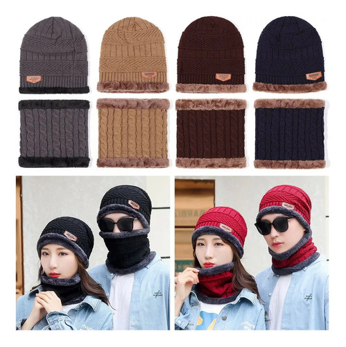 Conjunto Gorro Cuellera Tejido Frío Lana Unisex Moda Color Vino
