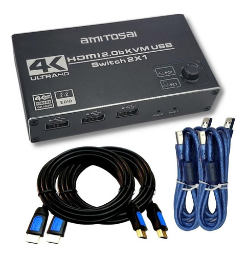 Switch Kvm 2 Puertos Hdmi Con Audio C/2 Cables Hdmi 3mts 4k 