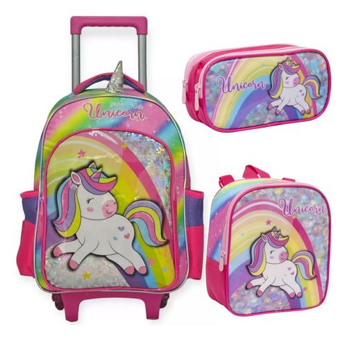 Mochila Rodinha Lancheira Estojo Menina Unicórnio Yepp