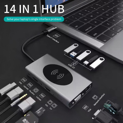 Hub Usb 14 Em 1 Mac Tipo-c 2hdmi Vga Rj45 Carregador Indução