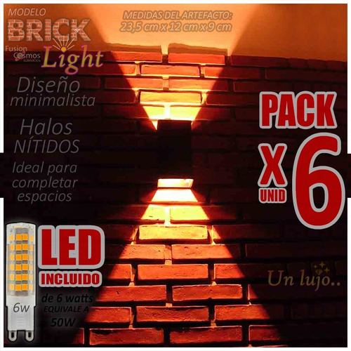 Aplique Pared Interior Living C/ Lámpara Led 6w Combo X6unid Luz Iluminacion Superbrillante Indirecta Efecto Hierro  