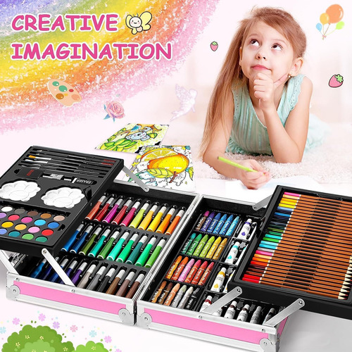 Kit Artístico Profesional 145 Piezas Colores Y Lápices Rosa