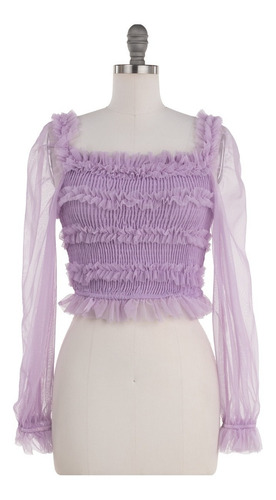 Imagen 2 de 7 de Blusa Vestir Tul Drapeada Manga Larga Transparencias Sexy.