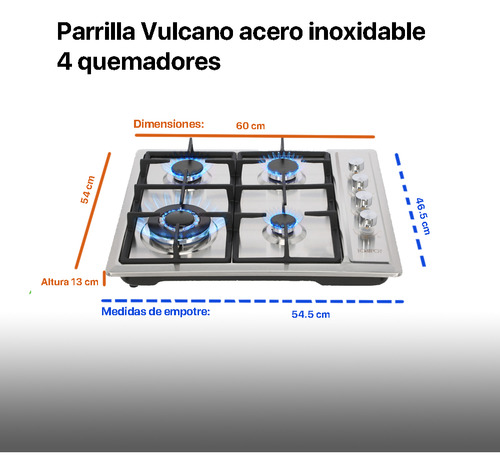 Estufa con alimentación a gas Odipo Vulcano Acero Inoxidable 127V 4 hornallas