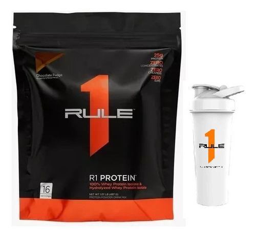 Rule 1 Proteina Hidrolizada 16 Serv 487 Gr + Shaker Sabor Chocolate Fudge