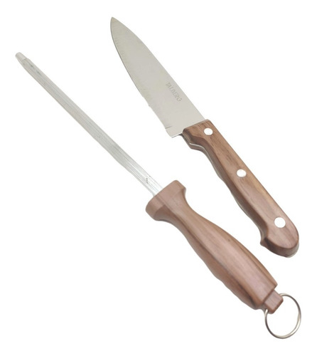 Imagem 4 de 7 de Kit Churrasco Faca Chaira Afiador Aço Inox Cabo Plástico 2pç