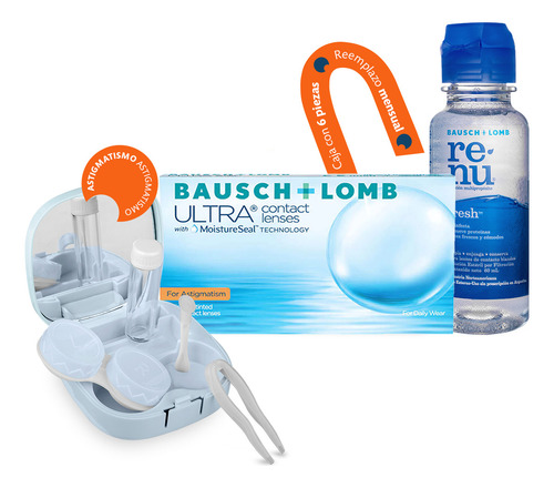 Lentes De Contacto Bausch & Lomb Ultra Torico Para Astigmatismo | Caja Con 6 Piezas De Duración Mensual | Incluye Kit Optioutlet Con Estuche Espejo Pinzas Y Solución De 60ml | Maxima Comodidad