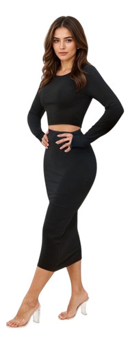 Conjunto Crop Top Manga Larga Y Falda Midi Ajustada Mujer