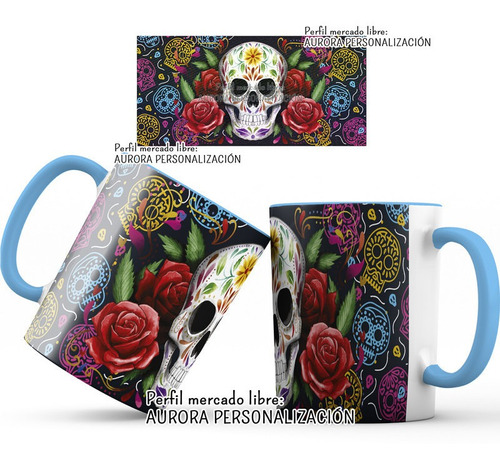 Mug Taza Oreja Interior Azul Calavera Catrinas Halloween 04