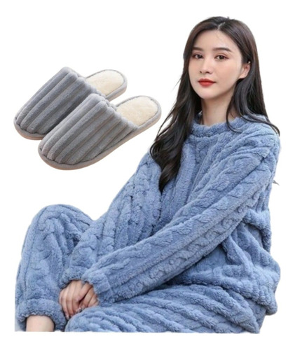 Pijama + Pantuflas Polar Conjunto Invierno Mujer 