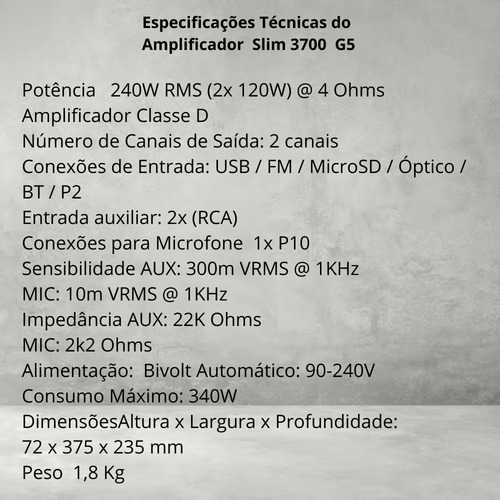 Amplificador Frahm Slim 3700 Som Ambiente Optical 240w