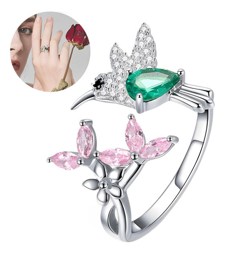 Anillo De Colibri Esmeralda Ajustable Plata Esterlina Mujer