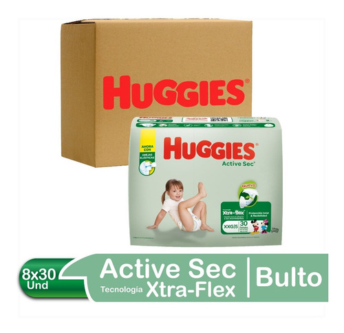 Imagen 1 de 6 de Pañales Bebe Huggies Active Sec Talla Xxg Bulto 8x30 Und